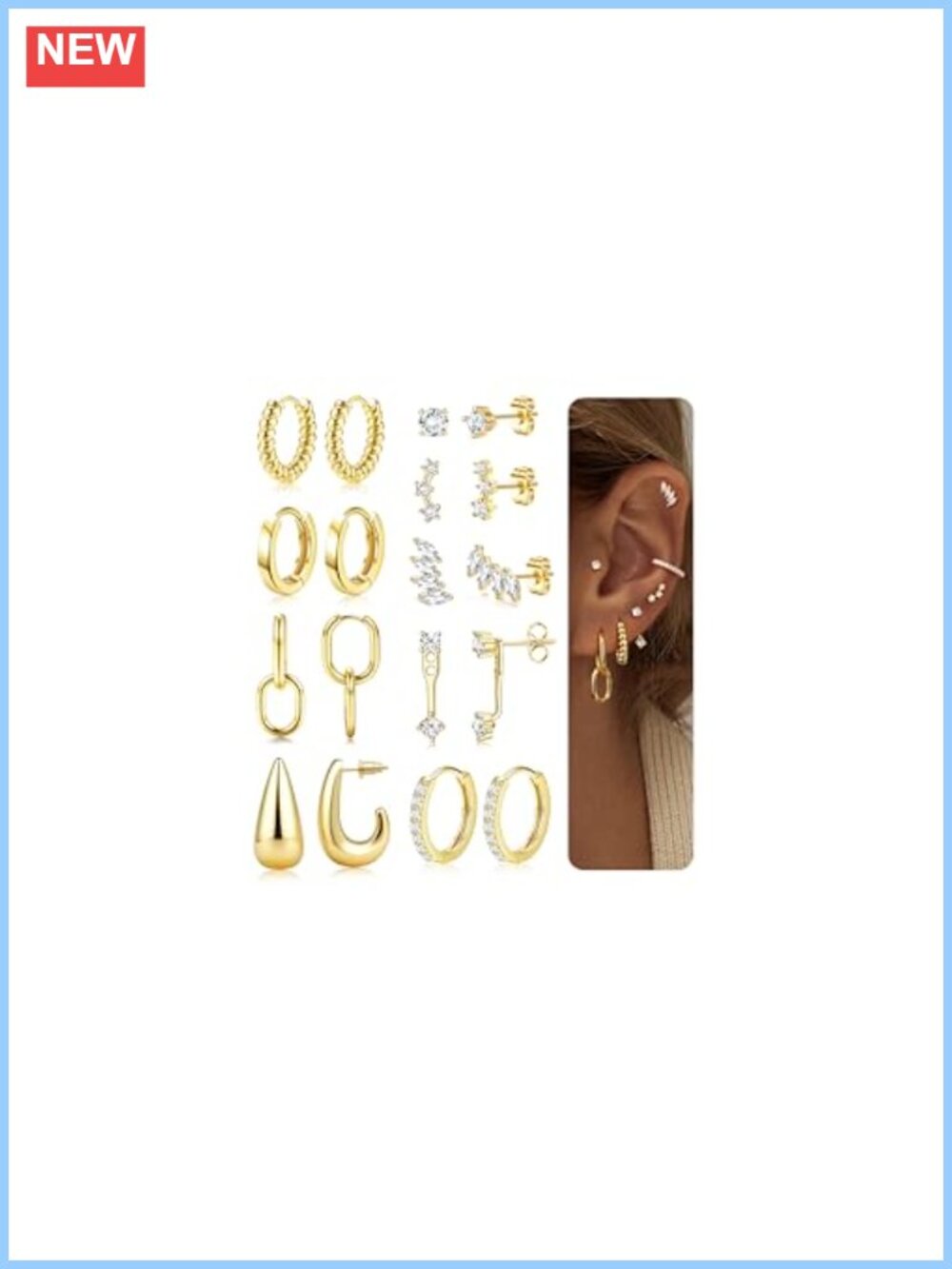 14K Gold Plated Hypoallergenic Hoop Earring Stack Set for Women